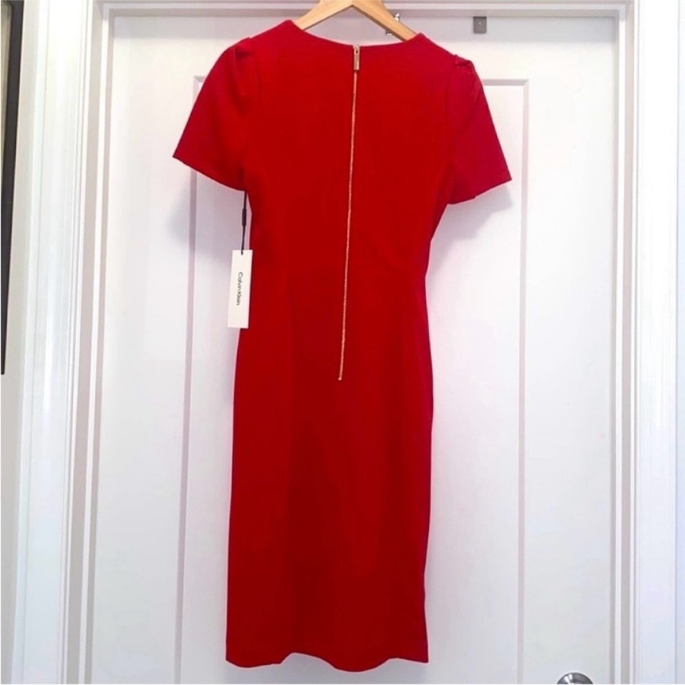 ❤️ NWT! Red CALVIN KLEIN Puff Sleeve Sheath Dress - Size 10 - Picture 2 of 9